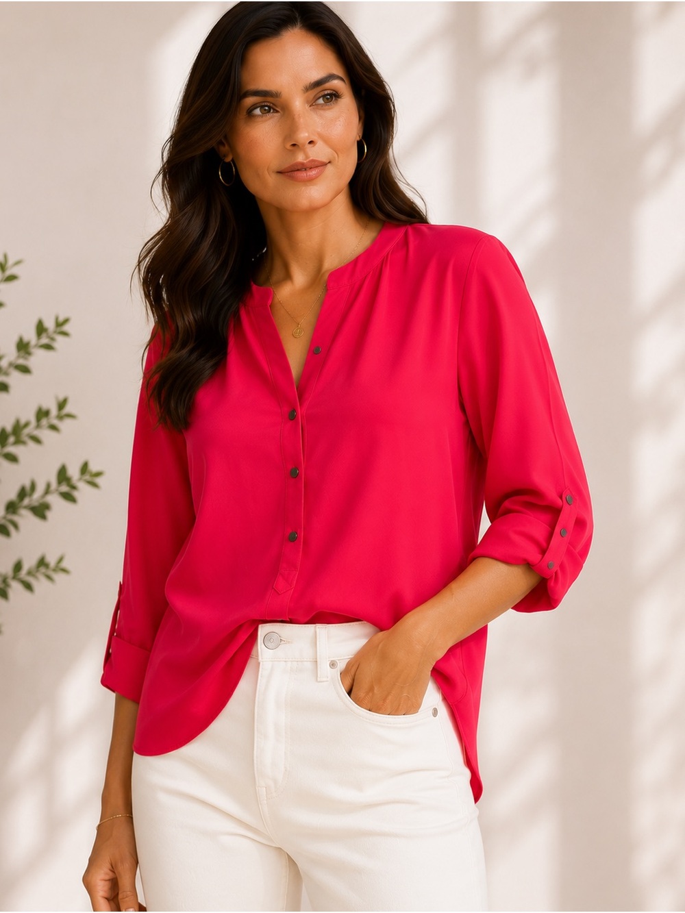 Adrianna Papell Fuchsia Pink Blouse Roll Tab Sleeve Tunic Top Women’s